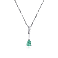 14K White Gold Pear Shaped Emerald and Diamond Drop Pendant Necklace