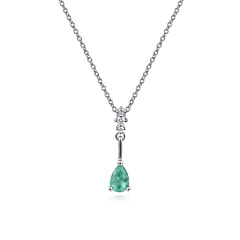 14K White Gold Pear Shaped Emerald and Diamond Drop Pendant Necklace