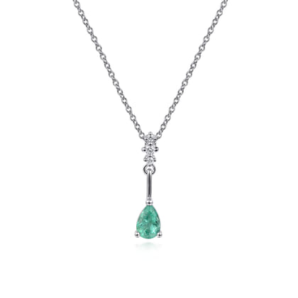 14K White Gold Pear Shaped Emerald and Diamond Drop Pendant Necklace