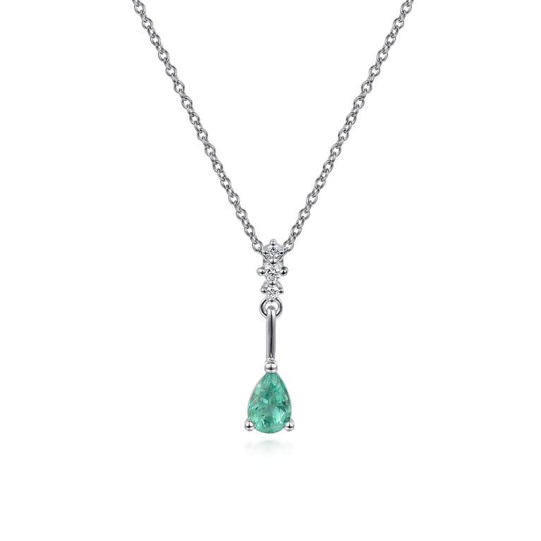 14K White Gold Pear Shaped Emerald and Diamond Drop Pendant Necklace - 0.03 ct - Shot 1