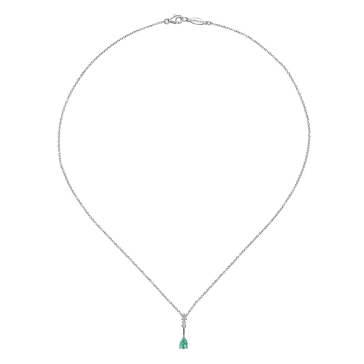 14K White Gold Pear Shaped Emerald and Diamond Drop Pendant Necklace