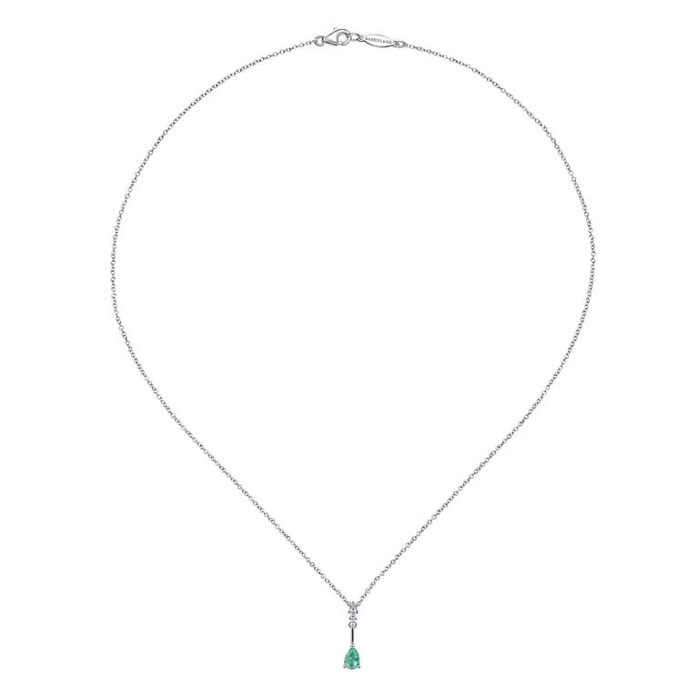 14K White Gold Pear Shaped Emerald and Diamond Drop Pendant Necklace - 0.03 ct - Shot 2
