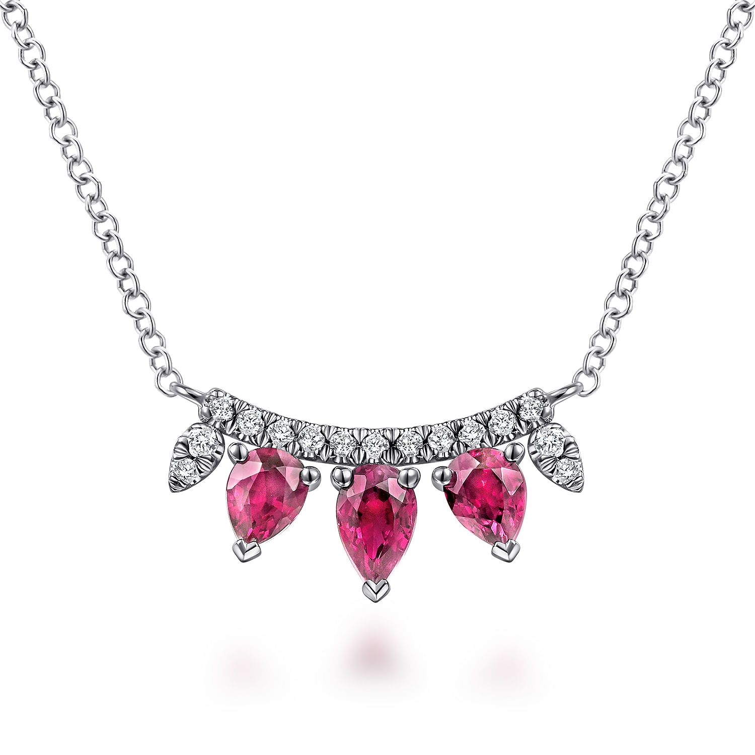 14K White Gold Pear Shaped Ruby and Diamond Bar Pendant Necklace