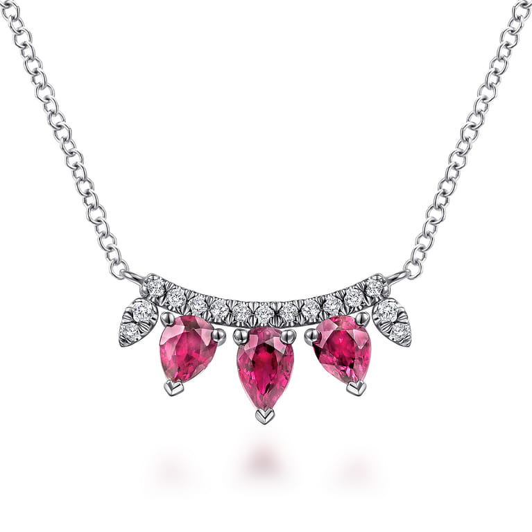 14K White Gold Pear Shaped Ruby and Diamond Bar Pendant Necklace - 0.08 ct - Shot 1