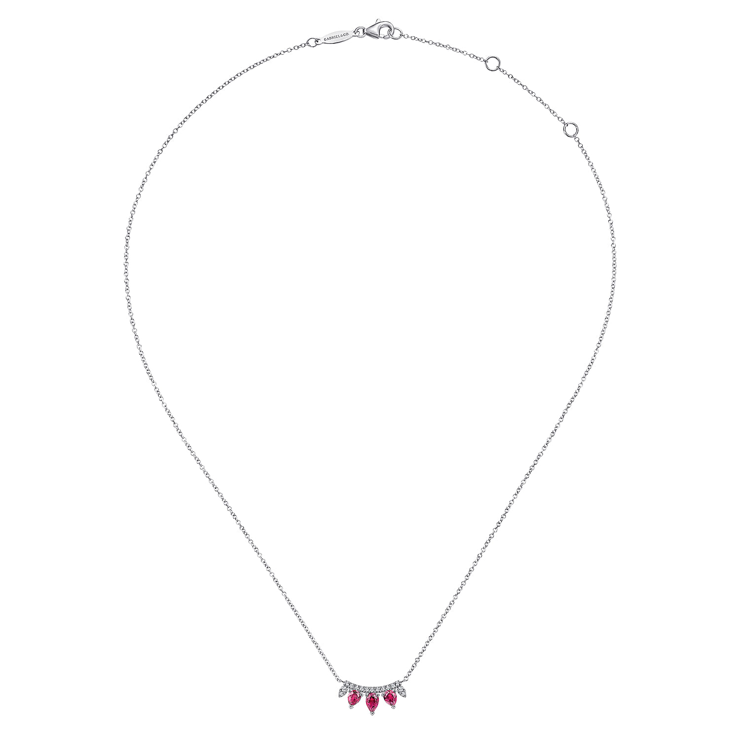 14K White Gold Pear Shaped Ruby and Diamond Bar Pendant Necklace