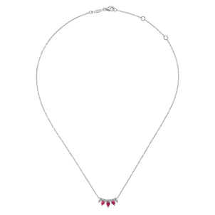14K White Gold Pear Shaped Ruby and Diamond Bar Pendant Necklace