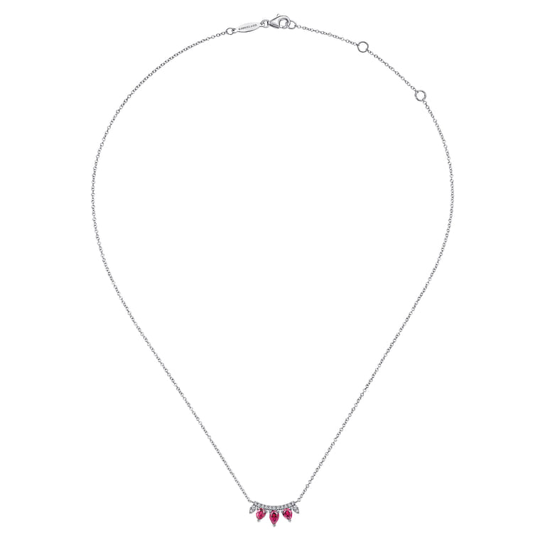 14K White Gold Pear Shaped Ruby and Diamond Bar Pendant Necklace - 0.08 ct - Shot 2