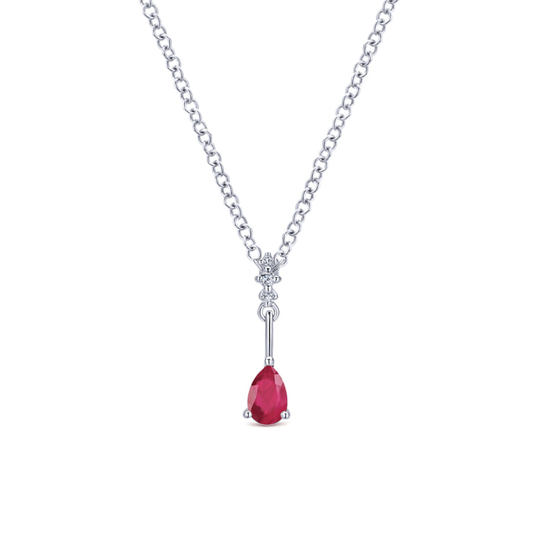 14K White Gold Pear Shaped Ruby and Diamond Drop Pendant Necklace - 0.03 ct - Shot 1