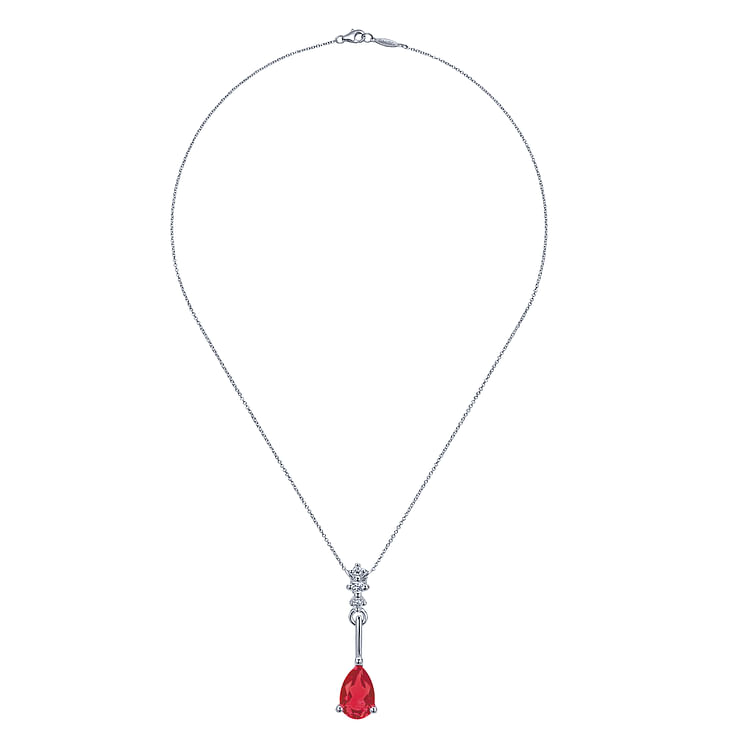 14K White Gold Pear Shaped Ruby and Diamond Drop Pendant Necklace