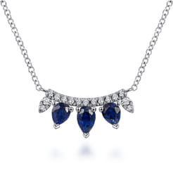 14K White Gold Pear Shaped Sapphire and Diamond Bar Pendant Necklace