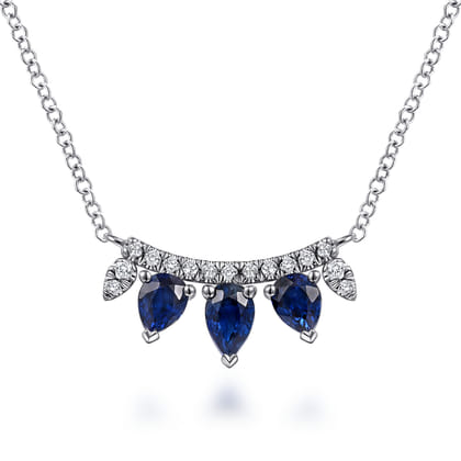14K White Gold Pear Shaped Sapphire and Diamond Bar Pendant Necklace