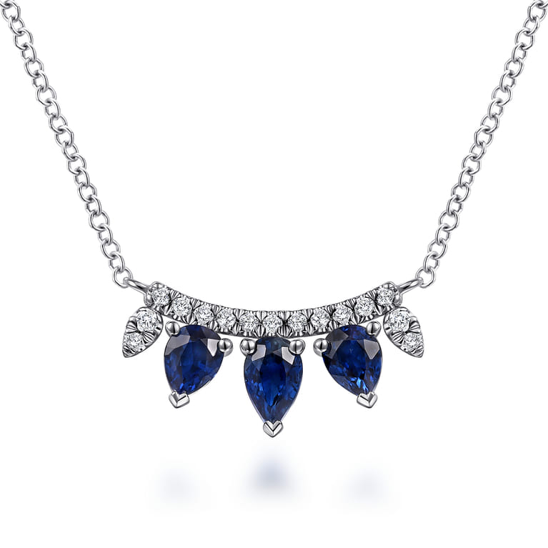 14K White Gold Pear Shaped Sapphire and Diamond Bar Pendant Necklace - 0.08 ct - Shot 1