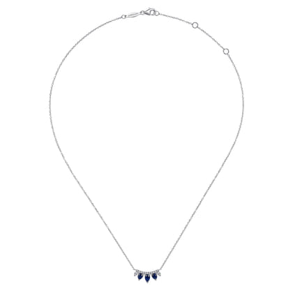 14K White Gold Pear Shaped Sapphire and Diamond Bar Pendant Necklace