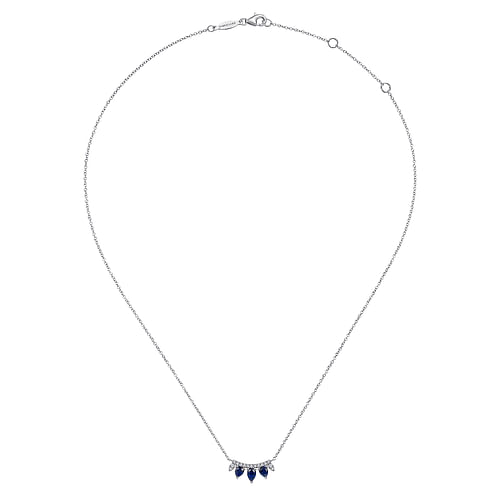 14K White Gold Pear Shaped Sapphire and Diamond Bar Pendant Necklace - 0.08 ct - Shot 2