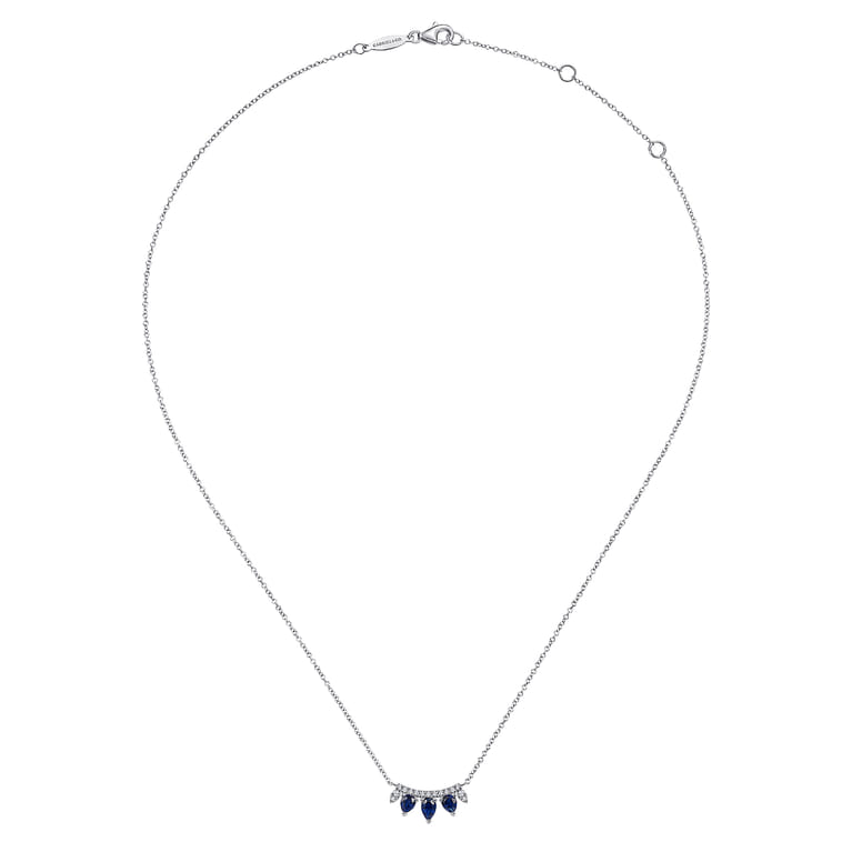 14K White Gold Pear Shaped Sapphire and Diamond Bar Pendant Necklace - 0.08 ct - Shot 2