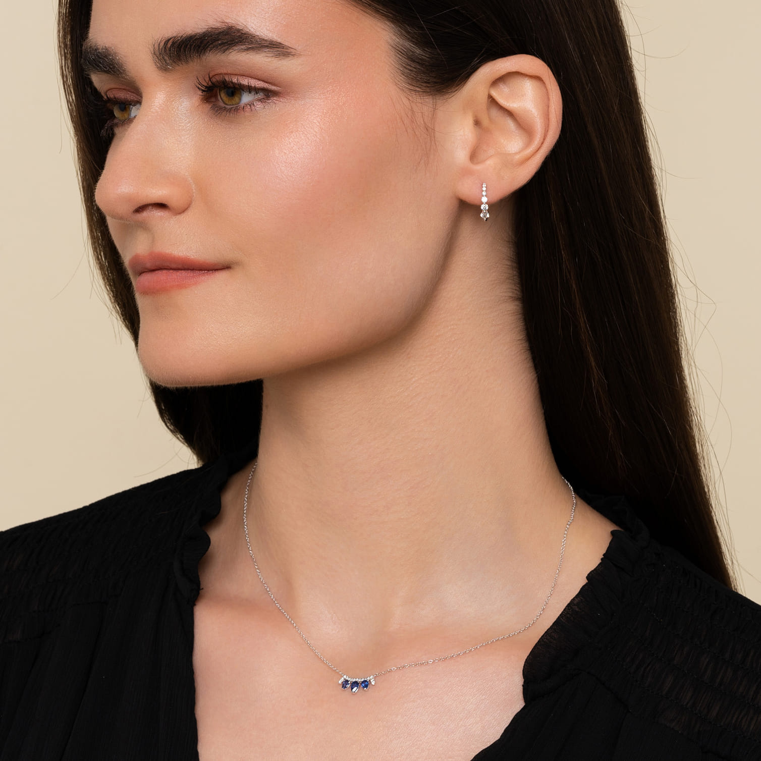 14K White Gold Pear Shaped Sapphire and Diamond Bar Pendant Necklace - 0.08 ct - Shot 4