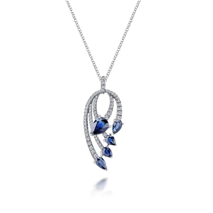 14K White Gold Pear Shaped Sapphire and Diamond Curved Pendant Necklace