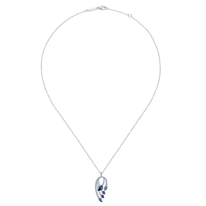 14K White Gold Pear Shaped Sapphire and Diamond Curved Pendant Necklace