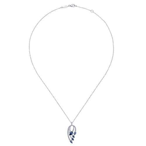 14K White Gold Pear Shaped Sapphire and Diamond Curved Pendant Necklace - 0.3 ct - Shot 2