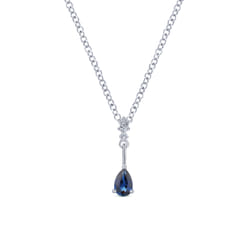 14K White Gold Pear Shaped Sapphire and Diamond Drop Pendant Necklace