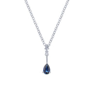 14K White Gold Pear Shaped Sapphire and Diamond Drop Pendant Necklace
