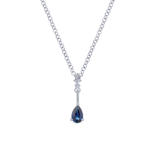 14K White Gold Pear Shaped Sapphire and Diamond Drop Pendant Necklace