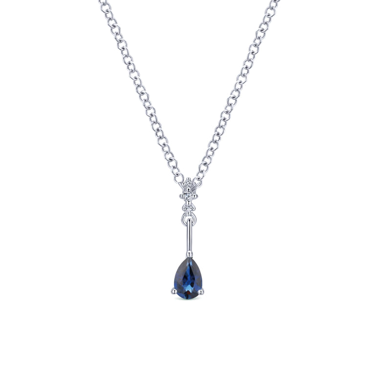 14K White Gold Pear Shaped Sapphire and Diamond Drop Pendant Necklace - 0.03 ct - Shot 1