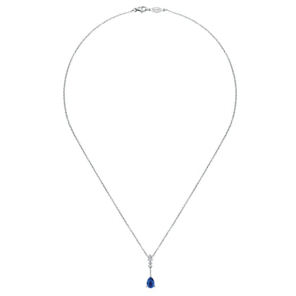 14K White Gold Pear Shaped Sapphire and Diamond Drop Pendant Necklace