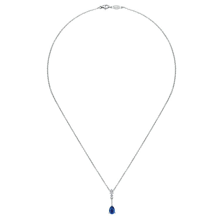 14K White Gold Pear Shaped Sapphire and Diamond Drop Pendant Necklace
