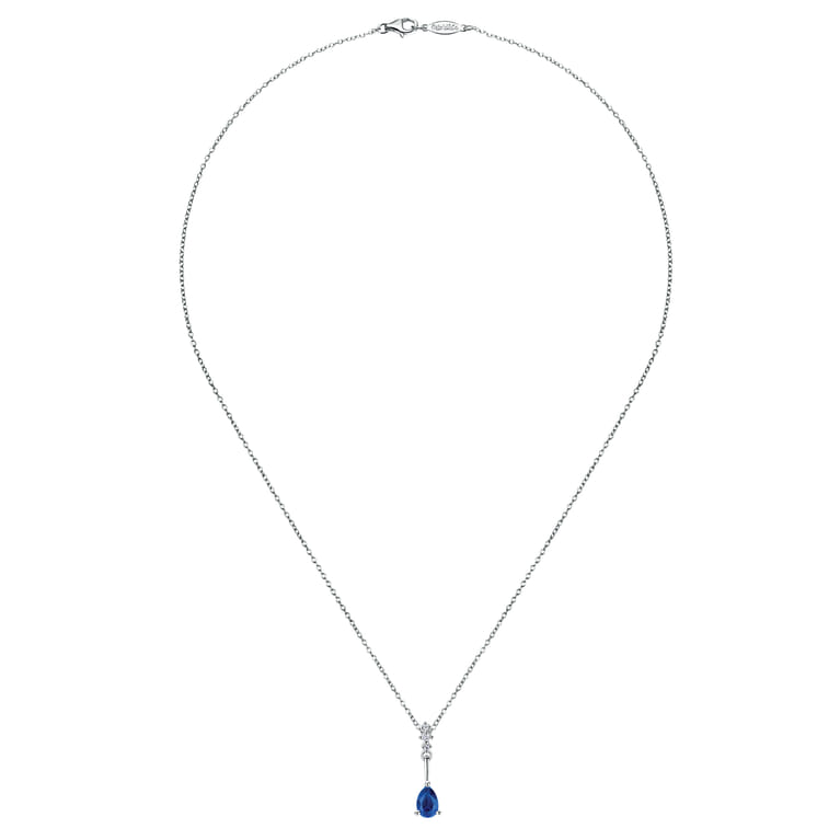 14K White Gold Pear Shaped Sapphire and Diamond Drop Pendant Necklace - 0.03 ct - Shot 2