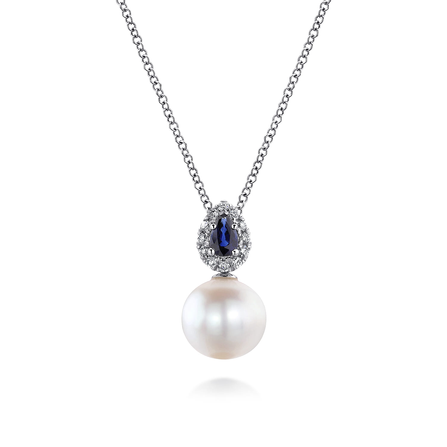 14K White Gold Pear Shaped Sapphire and Diamond Halo Pendant Necklace with Pearl - 0.1 ct - Shot 1