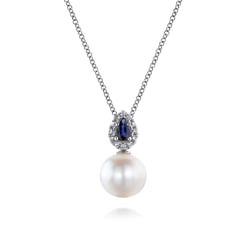 14K White Gold Pear Shaped Sapphire and Diamond Halo Pendant Necklace with Pearl 