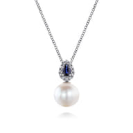 14K White Gold Pear Shaped Sapphire and Diamond Halo Pendant Necklace with Pearl