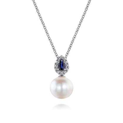 14K White Gold Pear Shaped Sapphire and Diamond Halo Pendant Necklace with Pearl