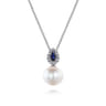 14K White Gold Pear Shaped Sapphire and Diamond Halo Pendant Necklace with Pearl - 0.1 ct