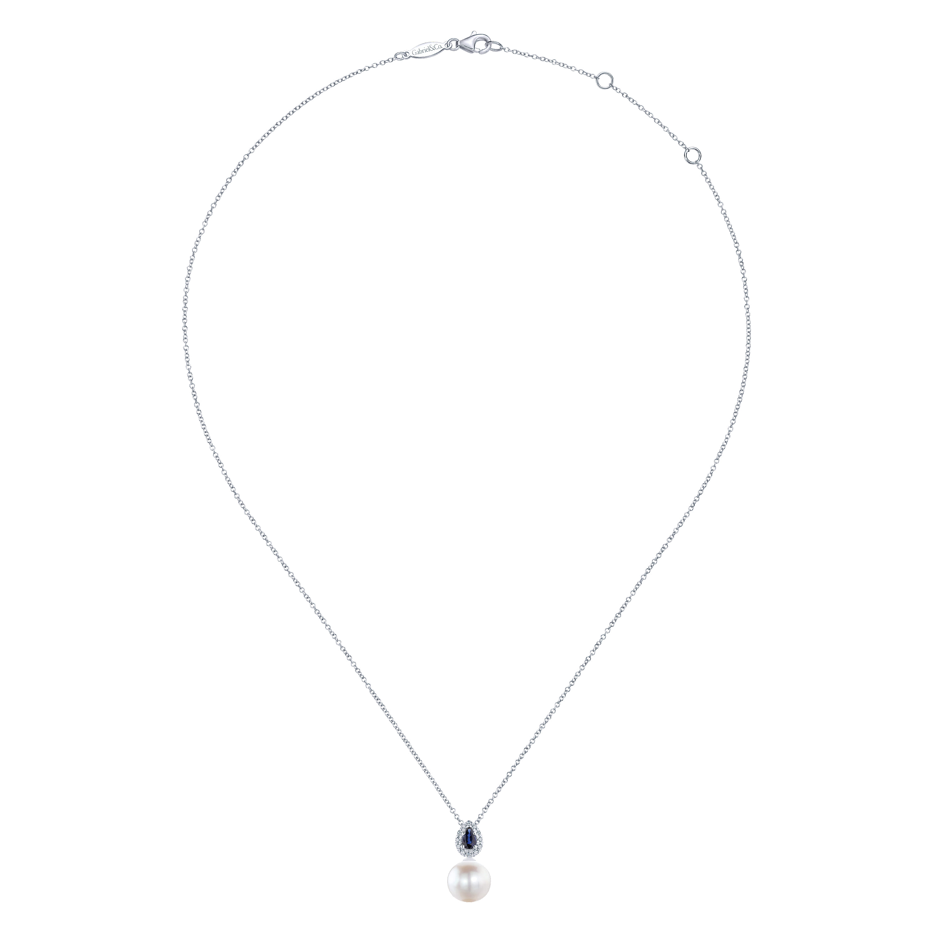 14K White Gold Pear Shaped Sapphire and Diamond Halo Pendant Necklace with Pearl - 0.1 ct - Shot 2