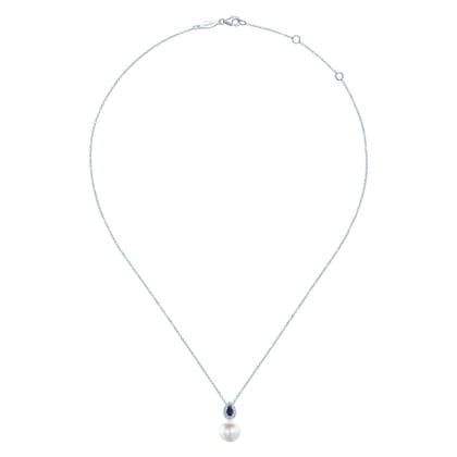 14K White Gold Pear Shaped Sapphire and Diamond Halo Pendant Necklace with Pearl