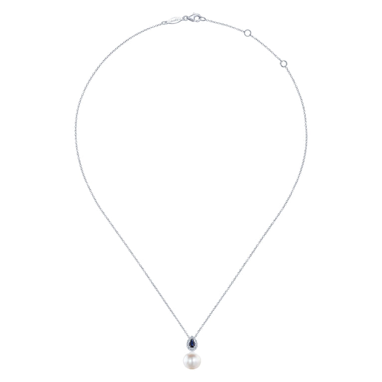 14K White Gold Pear Shaped Sapphire and Diamond Halo Pendant Necklace with Pearl - 0.1 ct - Shot 2