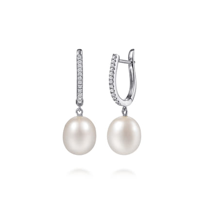 14K White Gold Pearl Drop Diamond Huggies