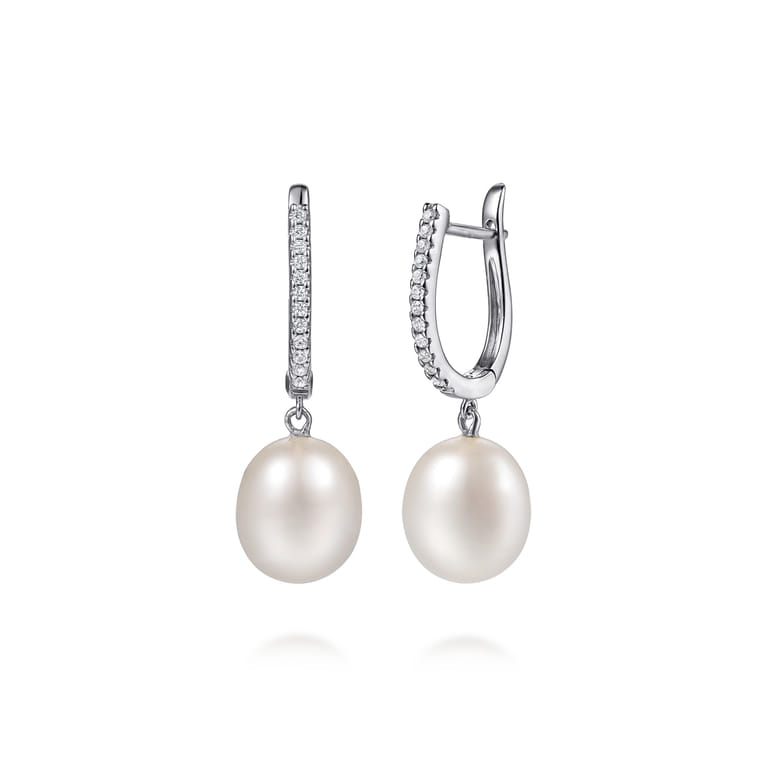 14K White Gold Pearl Drop Diamond Huggies - 0.12 ct - Shot 1
