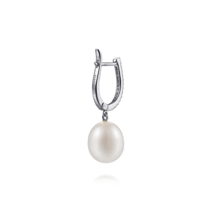 14K White Gold Pearl Drop Diamond Huggies