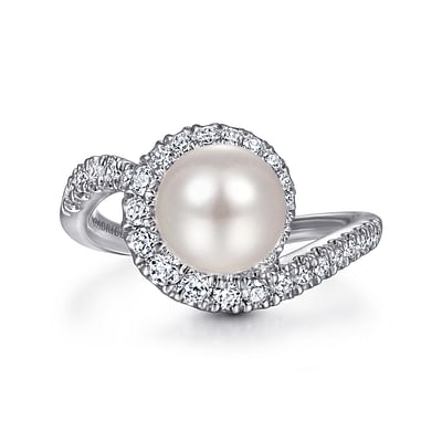 14K White Gold Pearl Ring with Curved Diamond Wrap Halo