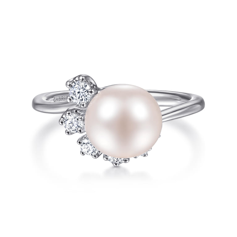 14K White Gold Pearl Ring with Diamond Accent - 0.21 ct - Shot 1