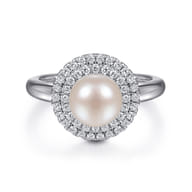 14K White Gold Pearl Ring with Diamond Double Halo