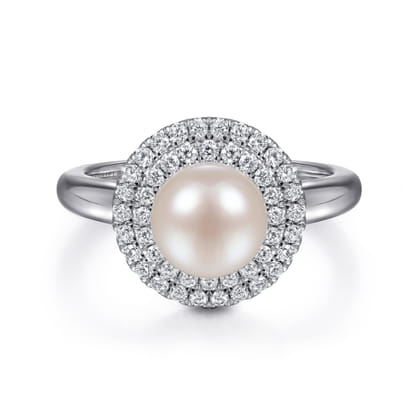 14K White Gold Pearl Ring with Diamond Double Halo