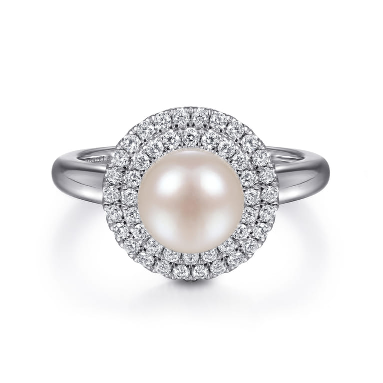 14K White Gold Pearl Ring with Diamond Double Halo - 0.3 ct - Shot 1