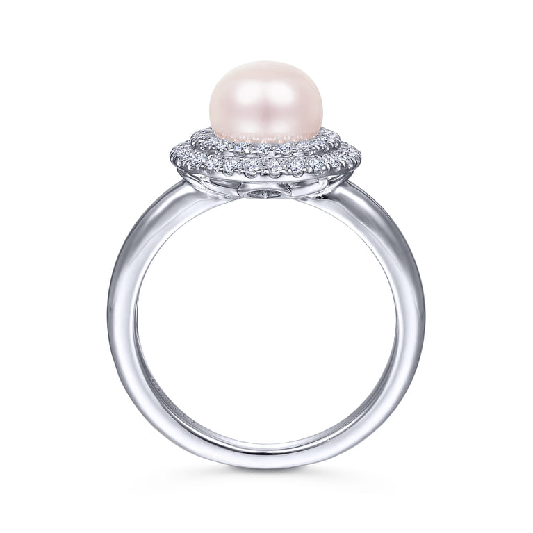 14K White Gold Pearl Ring with Diamond Double Halo - 0.3 ct - Shot 2