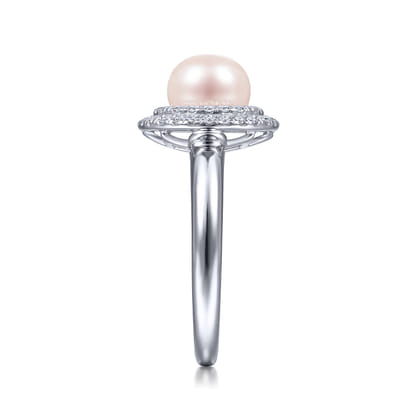 14K White Gold Pearl Ring with Diamond Double Halo