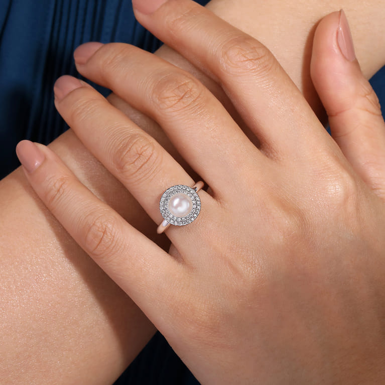 14K White Gold Pearl Ring with Diamond Double Halo - 0.3 ct - Shot 5