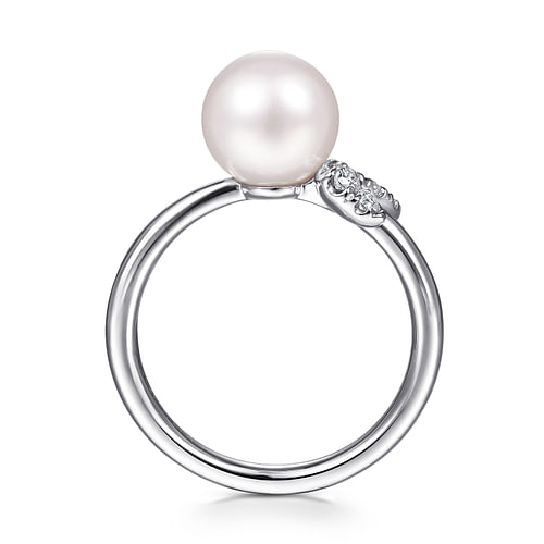 14K White Gold Pearl Ring with Diamond Leaf - 0.12 ct - Shot 2